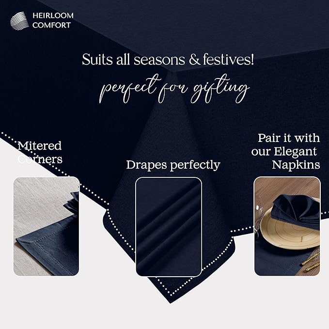 Navy Blue Table Cover, 100% Cotton Tablecloth 60x86 Inch, Fits 6-8 Seats, Soft, Durable, Washable, Wrinkle Resistant, Rectangle Table Cloth for Dining, Holiday Celebrations, Dinner
