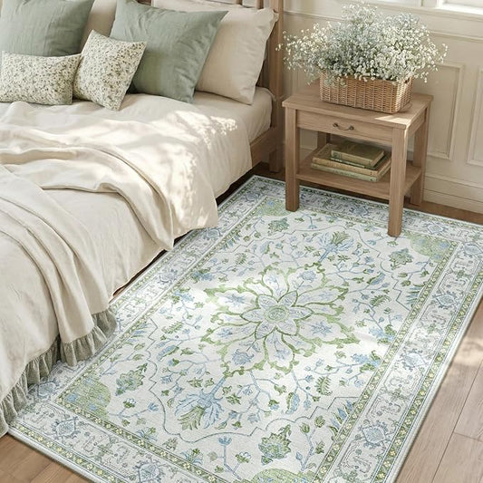 Area Rugs 3'x5' Washable Non-Slip, Floral Vintage Distress Print Pattern Medallion Carpet for Living Room Bedroom Dining Room, Green White Blue