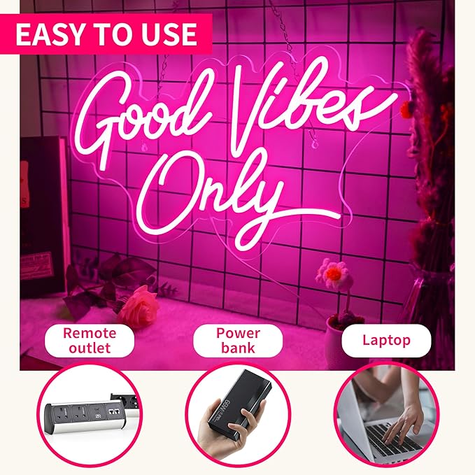 Good Vibes Only Neon Sign for Wall Decor 21.6" x 11.8" Pink LED Fun Vibe Lights for Party, Bedroom, Bar, Wedding Decoration - Best Gifts for Birthday, Christmas