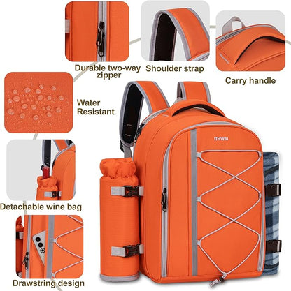 Picnic Backpack for 2 Persons with Insulated Leakproof Cooler Compartment, Cutlery Sets, Wine Holder, Fleece Blanket, Wedding Gifts for Couples, Perfect for Beach, Camping, Hiking, Orange