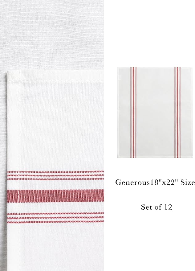 100% Polyester Napkin 18"x22", Dual-Stripe Border – Durable Decorative Napkins for Restaurants & Events, Bright Red, Set of 12
