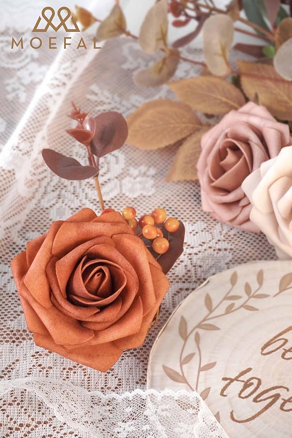 25Pcs 3 Inch Artificial Foam Roses, Terracotta Sunset Palette with Burnt Orange & Nude Shades, Realistic Flowers for DIY Boho Wedding Bouquets, Centerpieces, Fall Decor