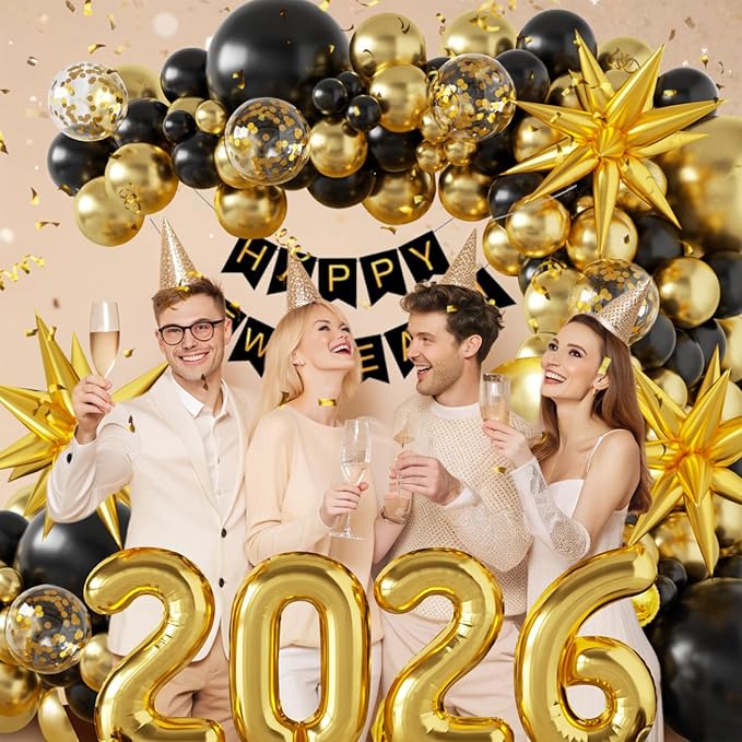 140Pcs New Year Decorations 2026 Balloons Arch - Party Supplies 2026 with Black & Gold 2026 Balloons, Happy New Year Banner - Perfect for Eve Celebrations