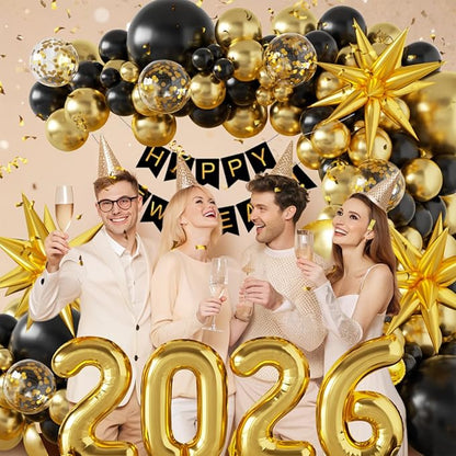 140Pcs New Year Decorations 2026 Balloons Arch - Party Supplies 2026 with Black & Gold 2026 Balloons, Happy New Year Banner - Perfect for Eve Celebrations