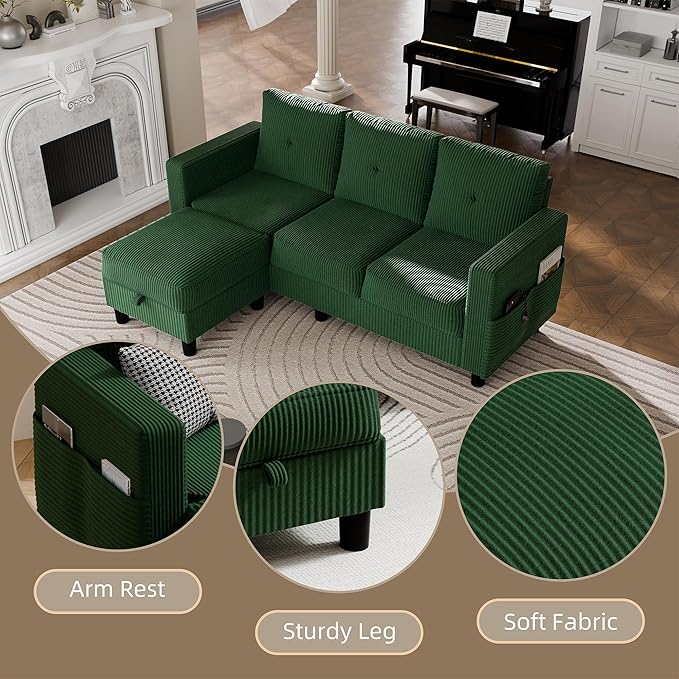 JAMFLY Convertible Sectional Couches for Living Room, L-Shaped Couch 3 Seat Sectional Sofa Set with Polyester Fabric and Movable Ottoman Small Couch for Apartments, Office,Green