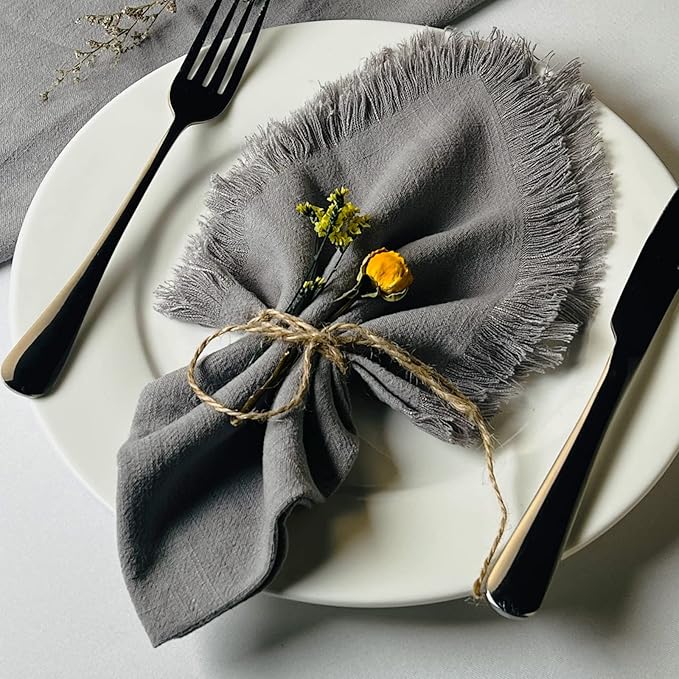 Handmade Cloth Napkins with Fringe,18 x 18 Inches Cotton Linen Napkins Set of 6 Versatile Handmade Square Rustic Fringe Napkins for Dinner, Wedding and Parties, Gray