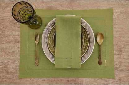 Solino Home Linen Napkins Set of 4 - Classic Hemstitch 100% Pure Linen Avocado Green Dinner Napkins Cloth 20 x 20 Inch for Fall, Autumn, Winter - Handcrafted and Machine Washable