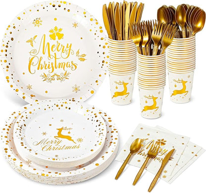 175 Pcs Merry Christmas Party Dinnerware Foil Dots Christmas Paper Plates Set Elk Disposable Xmas Plates Napkins Cups for New Year Wedding Birthday Baby Shower Party Supplies (White Gold)
