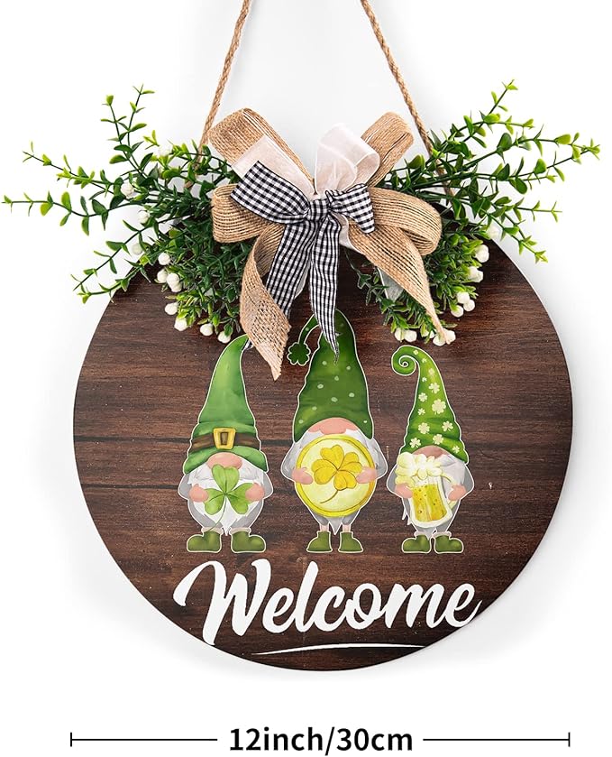 St Patrick's Day Door Sign Welcome Gnome Door Decor Hanging Green Shamrock Sign Decorative Farmhouse St.Patrick's Day Wooden Shamrocks Irish Welcome Sign for Holiday Decor, 12 x 11.5