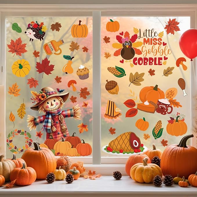 Thanksgiving Window Clings, Fall Decorations for Home, Turkey Pumpkin Stickers Decor, Cute Autumn Decals for Glass Windows, 9 Sheets