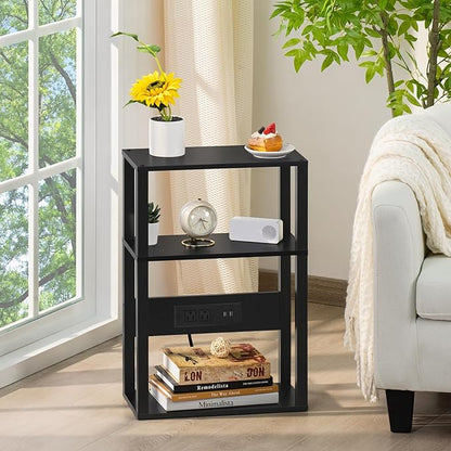 3-Tier Small Narrow Wood Side Table Set of 2 with Charging Station - Skinny Nightstand for Small Spaces, Slim Bedside Table with USB Ports and Outlets - Thin End Table with Storage, Black