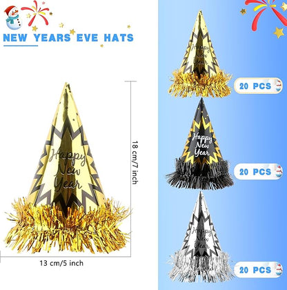 60 Pcs Happy New Year Hats Paper Cone Hat with Gold Foil Tassel New Year Eve Party Decoration for New Years Countdown Party Favors, 3 Colors
