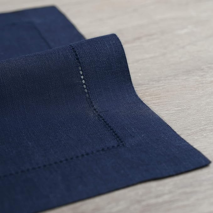 Solino Home Navy Blue Linen Napkins Set of 4-100% Pure Linen Hemstitch Dinner Napkins 20 x 20 Inch for Fall, Autumn, Christmas, Holiday, Winter, New Year - Classic Hemstitch