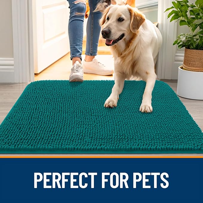 OLANLY Dog Door Mat for Muddy Paws 54x32, Absorbs Moisture and Dirt, Absorbent Non-Slip Washable Doormat, Quick Dry Chenille Mud Mat for Dogs, Entry Indoor Entryway Carpet for Inside Floor, Lake Blue