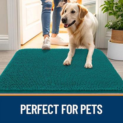 OLANLY Dog Door Mat for Muddy Paws 40x24, Absorbs Moisture and Dirt, Absorbent Non-Slip Washable Doormat, Quick Dry Chenille Mud Mat for Dogs, Entry Indoor Entryway Carpet for Inside Floor, Lake Blue