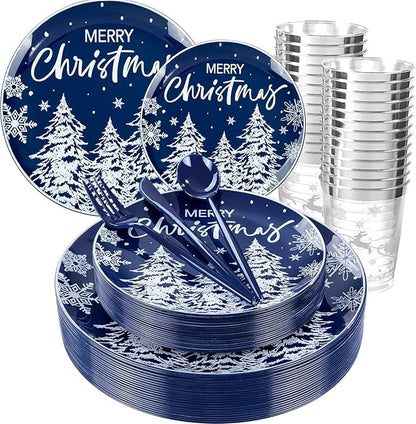 Supernal 150pcs Blue Christmas Plastic Plates - Christmas Party Tableware Set Include Blue Plastic Plates with White Xmas Trees, Heavy Duty Silverware Disposable, Silver Cups for New Year