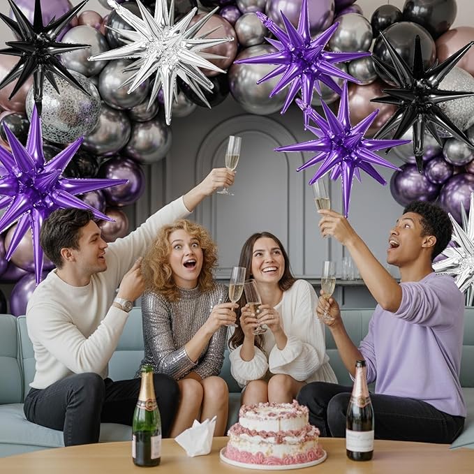 Black Purple Silver Star Balloons,9Pcs 22Inch Black Silver Purple Explosion Spike Cone Helium Polyester Film Star Foil Balloons for Birthday Halloween Anniversary Baby Shower Party Decorations