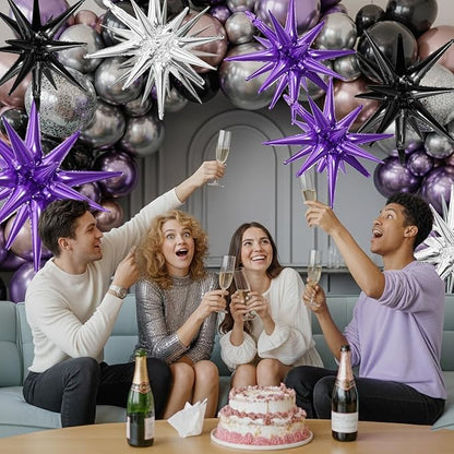 Black Purple Silver Star Balloons,9Pcs 22Inch Black Silver Purple Explosion Spike Cone Helium Polyester Film Star Foil Balloons for Birthday Halloween Anniversary Baby Shower Party Decorations