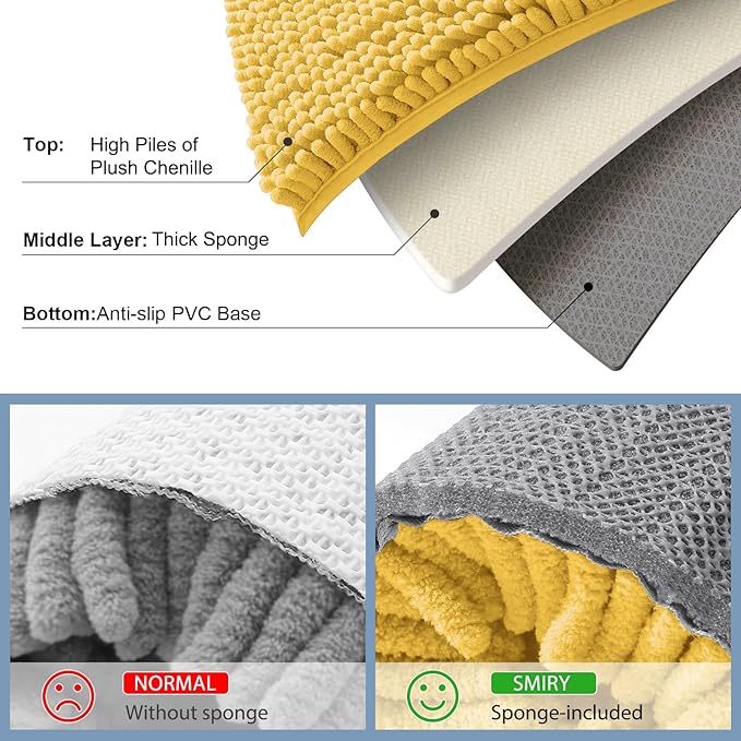 Smiry Luxury Chenille Bathroom Rugs 24x16, Extra Soft and Absorbent Shaggy Bath Mat, Machine Washable, Non-Slip Plush Carpet Runner for Tub, Shower, and Floor, Home Decor Accessories, Yellow