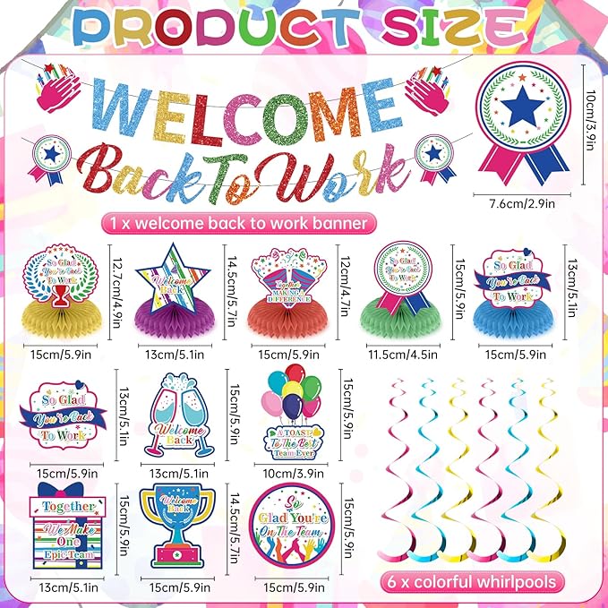 12pcs Welcome Back to Work Decorations Office Colorful So Glad You're Back To Work Banner and Hanging Swirls Table Centerpieces Office Party Supplies for Indoors Outdoors