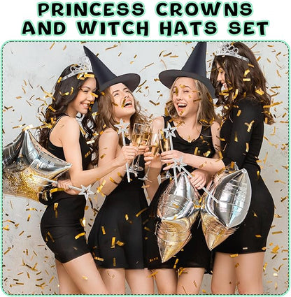 18 Pcs Halloween Witch Hats Glitter Star Wands Princess Crowns Set Black Wizard Hats Sparkling Princess Accessories for Adults Witch Halloween Cosplay Party Supplies Pink Green Party Decor Photo Props