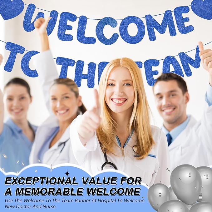 Fulmoon Pre Strung Welcome to The Team Banner with Two Heart Signs, NO DIY, Glitter Welcome Party Supplies for New Employee, Coworker, Colleague, Staff, Team Member Office Decorations(Navy Blue)