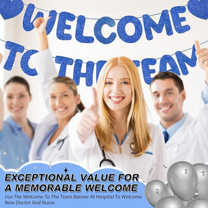 Fulmoon Pre Strung Welcome to The Team Banner with Two Heart Signs, NO DIY, Glitter Welcome Party Supplies for New Employee, Coworker, Colleague, Staff, Team Member Office Decorations(Navy Blue)
