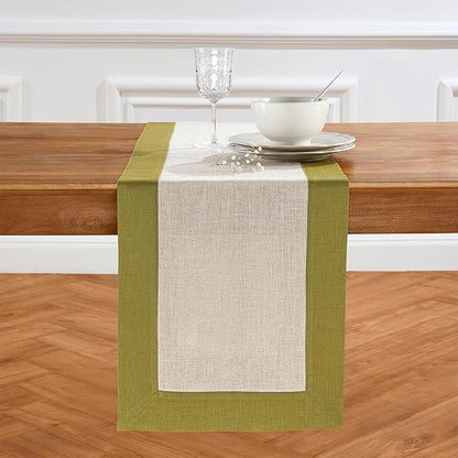 Solino Home Linen Table Runner 48 Inches - 100% Pure Linen Avocado and Natural Short Table Runner 14 x 48 Inch Ideal for Dresser and Coffee Tables - Contempo - Thanksgiving, Winter