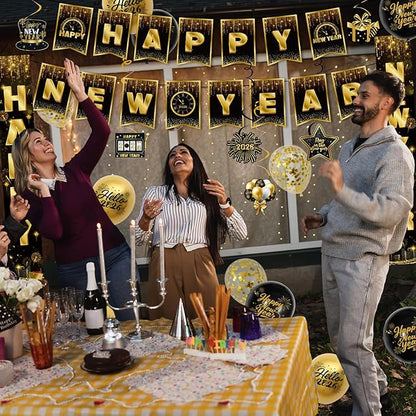 New Years Decorations 2026 - Happy New Years Eve Party Supplies Include Banner, Backdrop, Door Banner, Foil 2026 Balloons, Latex Balloons, Swirls for NYE Party Decorations