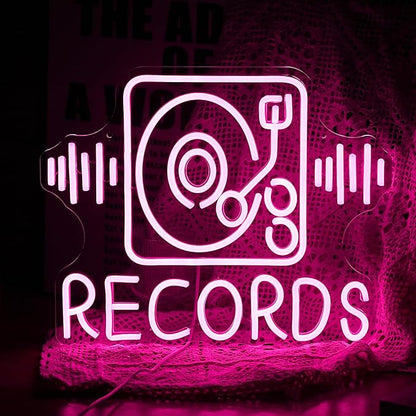 Records Neon Sign For Wall Decor Jukebox Music Light Up Sign Powered by USB Dimmable Pink Led Music Records Neon Light for Video Shop Karaoke Bar Party Bedroom Gifts(15.7"*12.2"）