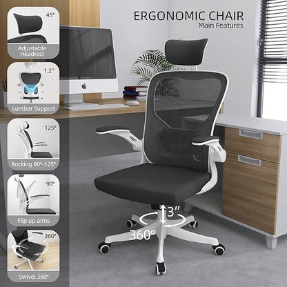 Monhey Office Chair, Ergonomic Office Chair with Lumbar Support & 3D Headrest & Flip Up Arms Home Office Desk Chairs Rockable Computer Chair Multi-Angle from 90° to 130° with 350LBS CapacityChair