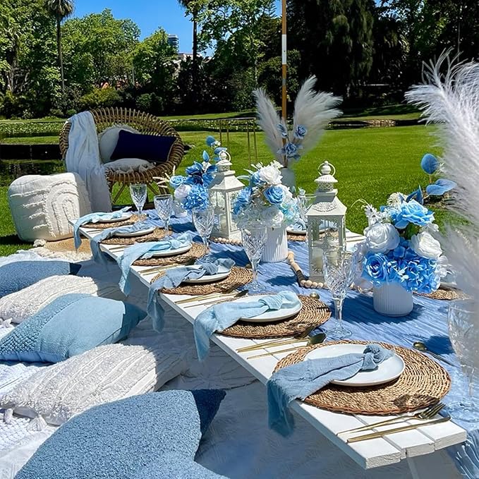 12 Pack Dusty Blue Cheesecloth Table Runners 35x120 Inch,10FT Boho Blue Gauze Table Runner Cheese Cloth for Wedding Party Baby Shower Christmas Home Decorations
