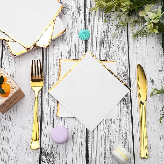 Fulmoon 200 Pcs Paper Napkins with Gold Foil Edge 2 Ply Cocktail Napkins Soft Disposable Golden Trim Lined Dinner Napkins Decorative Cocktail Napkin Paper for Wedding Birthday Anniversary (White)