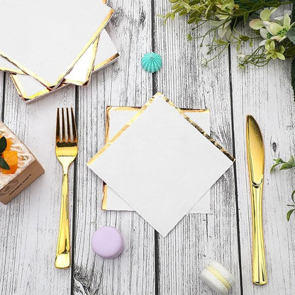 Fulmoon 200 Pcs Paper Napkins with Gold Foil Edge 2 Ply Cocktail Napkins Soft Disposable Golden Trim Lined Dinner Napkins Decorative Cocktail Napkin Paper for Wedding Birthday Anniversary (White)