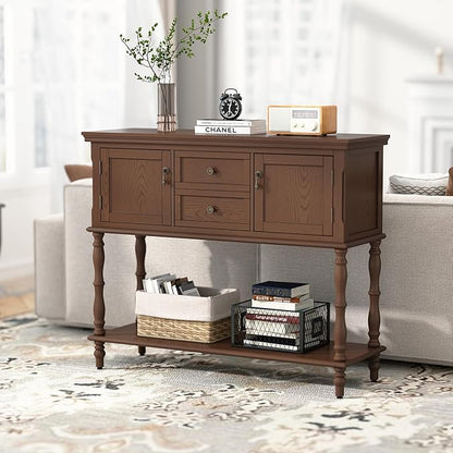 ARTPOWER Console Table for Entryway, Retro Wooden Entryway Table with Storage, with 2 Door & Drawers and Open Shelf, Behind Couch Sofa Table for Living Room, Foyer, Hallway, Brown