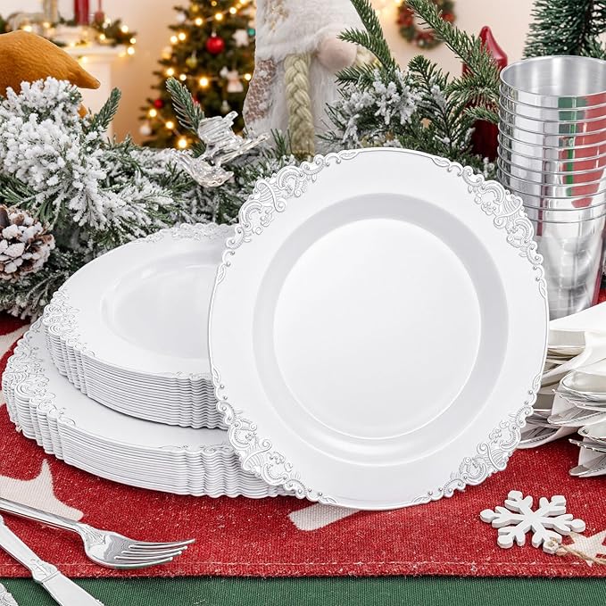 Liacere 350PCS Silver Plastic Plates&Pre Rolled Napkins for 50 Guests - Plastic Dinnerware Sets 100Silver Disposable Plates, 150Silver Silverware, 50Cups and 50Napkins for Wedding
