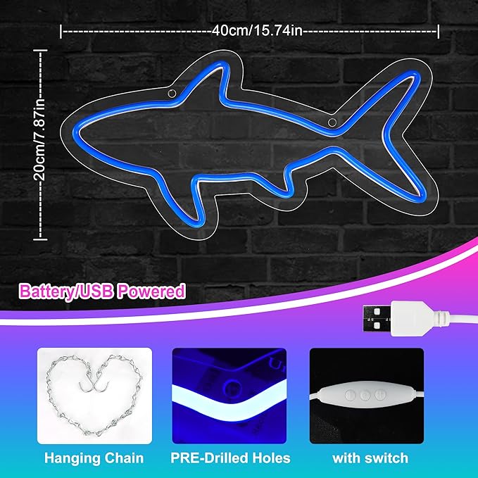 Neon Sign, Fish Led Neon Signs for Kids Gift, USB Powered Blue OceanTheme Art Neon Night Light Acrylic Light Up Sign for Kids Birthday Gift Festival Party Holiday Decor
