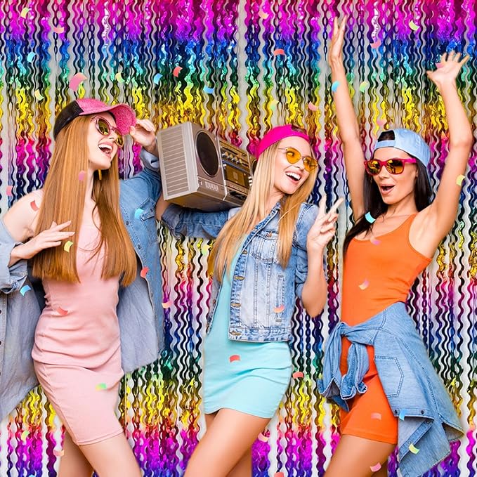 4 Pack Rainbow Fringe Curtain Backdrop 3.2Ft x 8.2Ft Metallic Tinsel Foil Fringe Streamers Background for Photo Booth Mother's Day, Easter, Carnival, Birthday, Wedding Party Decoration