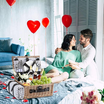 Picnic Basket for 4 Persons with Waterproof Picnic Blanket and Insulated Cooler, Large Wicker Picnic Basket for Camping, Outdoors, Valentine's Day, Christmas, Birthday, Wedding Gift