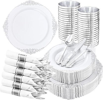 Hioasis 210pcs White and Silver Plastic Plates - Disposable Dinnerware Set Suitable for 30 Guests Include 10.25 Dinner & 7.5 Dessert Plates, Pre Rolled Silverware Set, Cups for Party & Wedding
