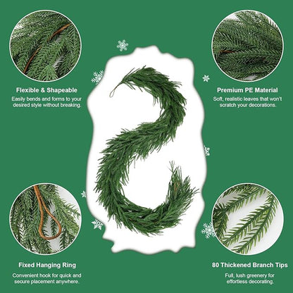 6FT Christmas Garland,Flexible Greenery Artificial Norfolk Pine Garland for Fireplace Mantel Staircase Front Door Table Centerpiece, Indoor Outdoor Holiday Decor with Realistic Pine Needles (2)