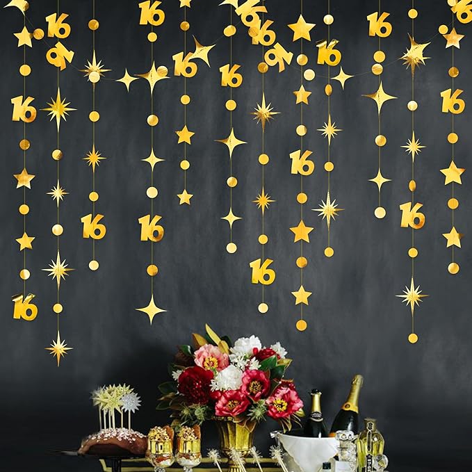 Gold 16th Birthday Decorations Number 16 Circle Dot Twinkle Star Garland Metallic Streamer Banner Backdrop for Girls Boys Happy 16th Birthday Sweet Sixteen Anniversary Cheers to 16 Years Party Decor