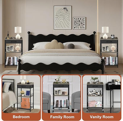 4-Tier Tall Side Table with Optional Wheels, Narrow End Table with Drawer and Shelves, 30" High Small Storage Table for Living Room, Bedroom, Bathroom, Black & Grey