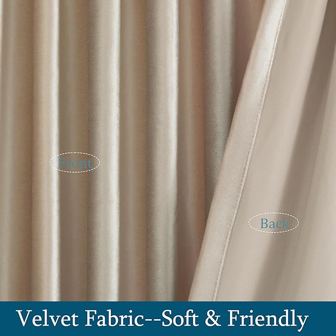 PRIMROSE Champagne Velvet Curtains 63 inch Long for Living Room,Set of 2 Panels Blackout Rod Pocket Back Tab Window Treatment Room Darkening Heavy Decorative Curtains Drapes for Bedroom