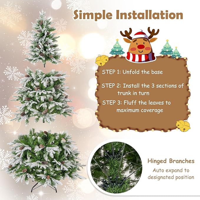 GOFLAME 6FT Pre-Lit Artificial Christmas Tree, Snow Flocked Xmas Tree with 765 Branch Tips, 280 Warm White LED Lights, 62 Pine Cones, Holiday Decoration Tree for Home Office Party