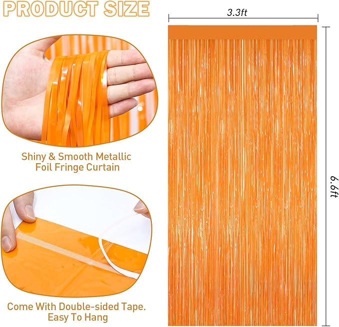 Orange Tinsel Backdrop Foil Fringe Curtains - 2 Packs Door Streamers Backdrop for Birthday Door Decorations, Party Supplies for Bachelorette, Graduation, Christmas, Disco Decor