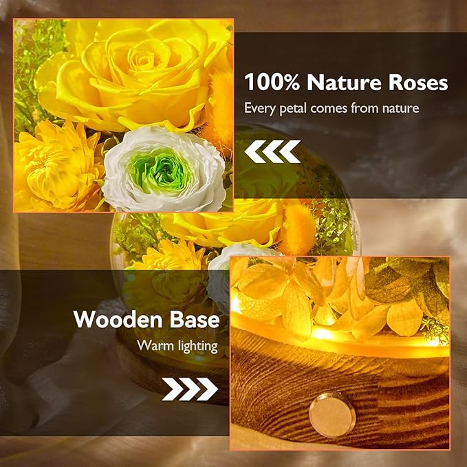 Forever Flowers for Delivery Prime, Preserved Rose in Glass Dome, Gifts for Women Birthday, Long-Lasting Flowers for Mom Wife Grandma Valentine's Day Mother's Day Christmas Anniversary, Yellow