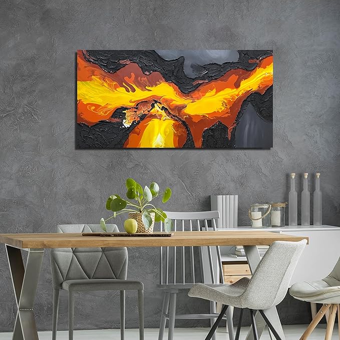 GUGIKA Abstract Wall Art for Living Room, Black and Gold Yellow Volcanic Lava Canvas Wall-Decor for Bedroom, Hand Painted 3D Textured Magma Paintings, Size 47x24 Inches