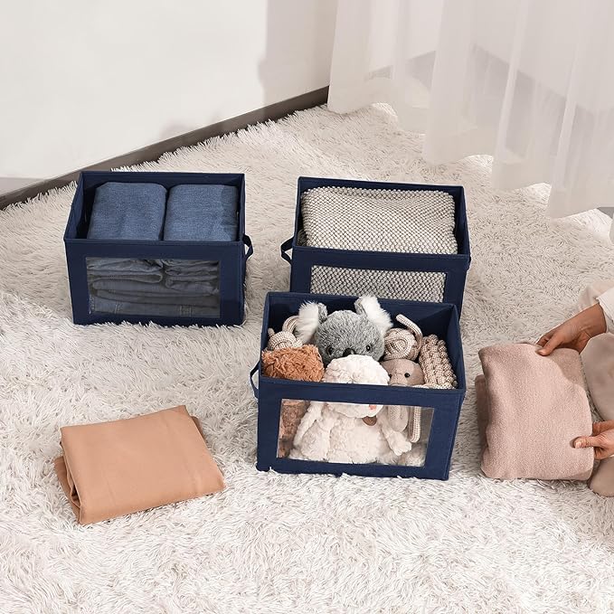 Foldable Storage Boxes with Lids - Decorative Storage Boxes with Clear Window, Fabric Storage Baskets for Organizing, Closet Storage for Clothes, Yarn, Home, Navy Blue, 4-Pack