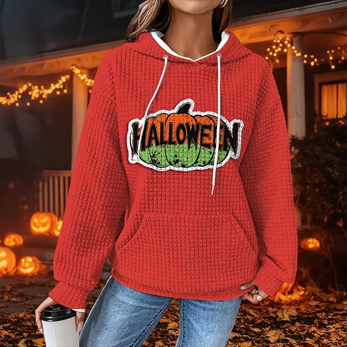 Halloween Sweatshirts for Women Novelty Graphic Drawstring Waffle Hoodies Loose Casual Pullover Tops with Pocket